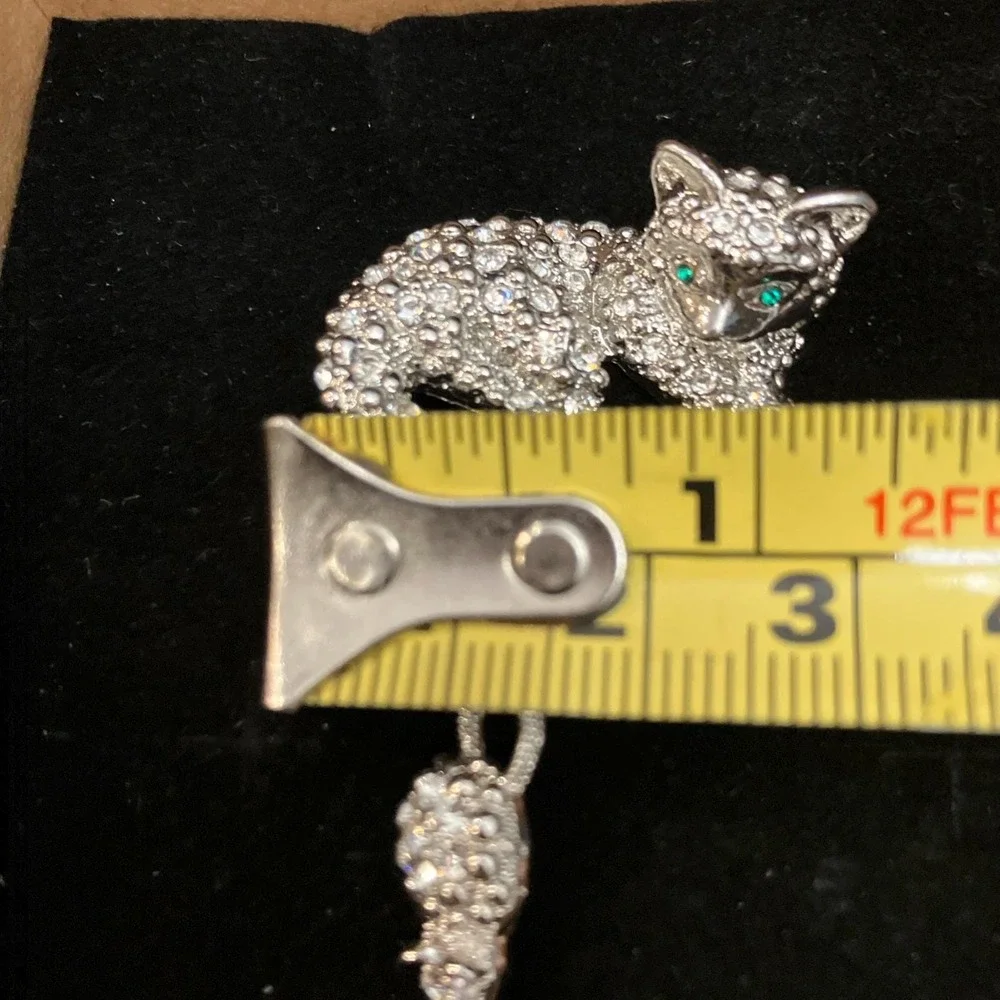 VTG Cat & Mouse Brooch Silver Tone Clear Pave Rhinestone Crystal Pin Green Eyes